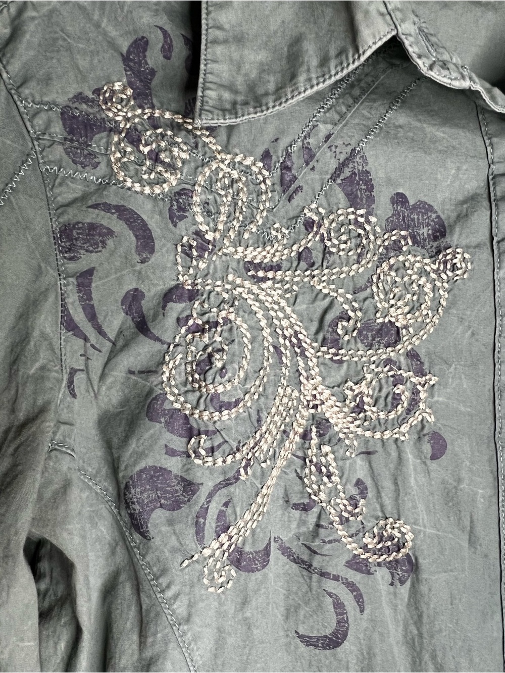 Wrangler Sage Green Embroidered Western Pearl Snap Button Down Boho Cowgirl Top - Picture 7 of 11